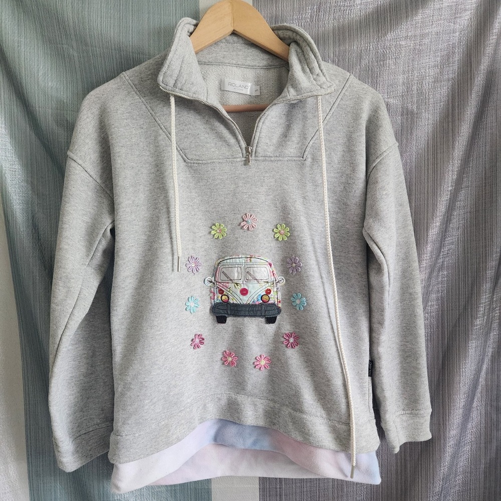 Roland Womens Gray Quarter Zip Sweatshirt Embroidered Van Floral S 60s‎ Retro